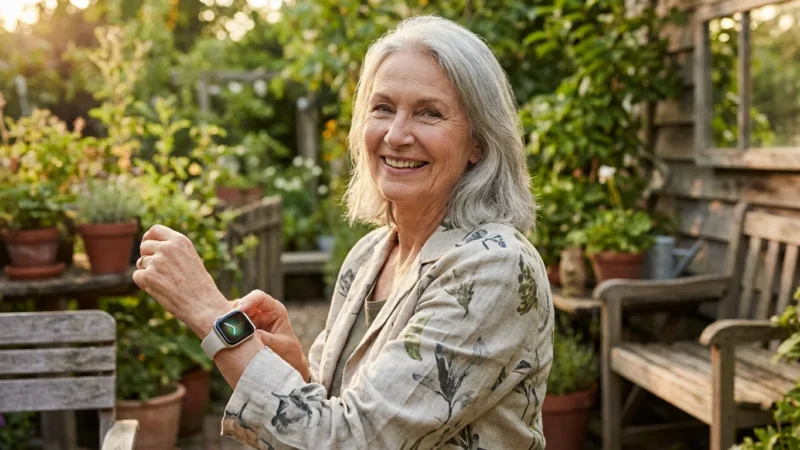 A senior woman smiling while checking her smartwatch in a sunny garden.