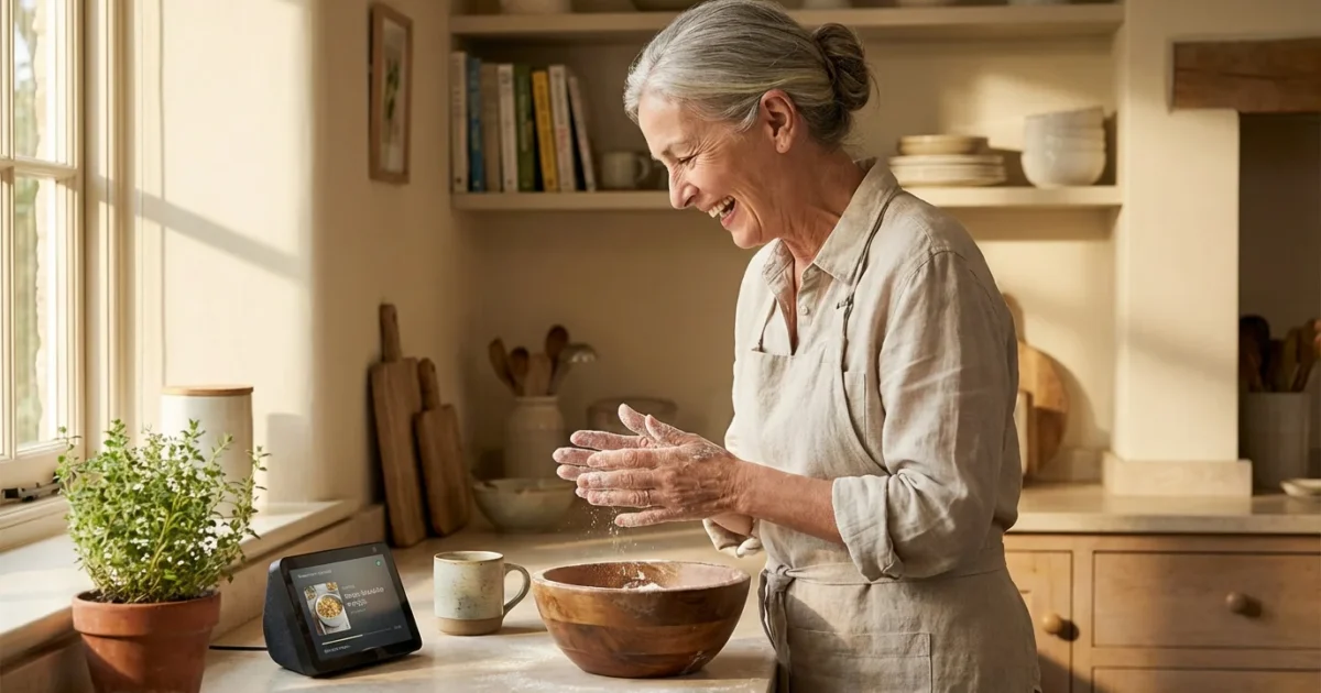 A senior woman smiling and talking to an Alexa device in a bright kitchen while baking.