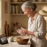A senior woman smiling and talking to an Alexa device in a bright kitchen while baking.