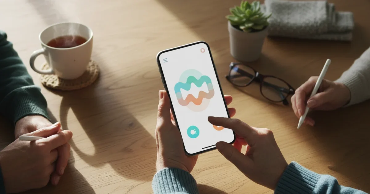 A senior's hands gently holding a generic smartphone displaying a voice memo interface, on a wooden table, under soft morning light.