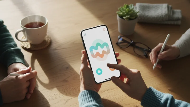 A senior's hands gently holding a generic smartphone displaying a voice memo interface, on a wooden table, under soft morning light.