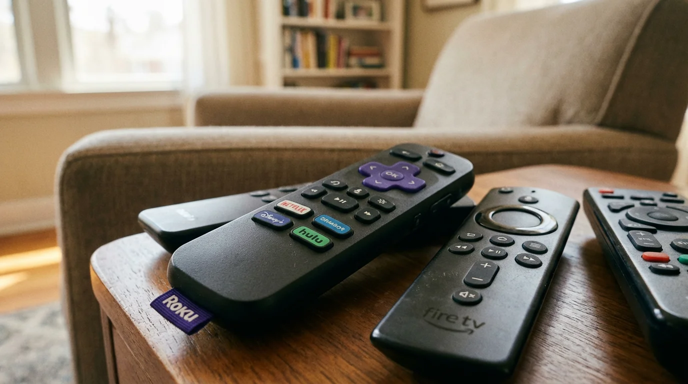 Various streaming device remotes on a side table in a comfortable home setting.