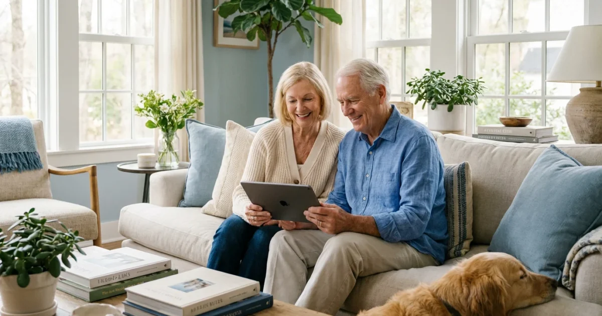 A senior couple smiling while viewing digital photos on a tablet in a bright, modern living room.