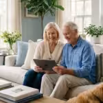 A senior couple smiling while viewing digital photos on a tablet in a bright, modern living room.