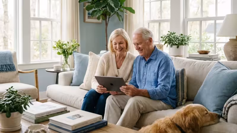 A senior couple smiling while viewing digital photos on a tablet in a bright, modern living room.
