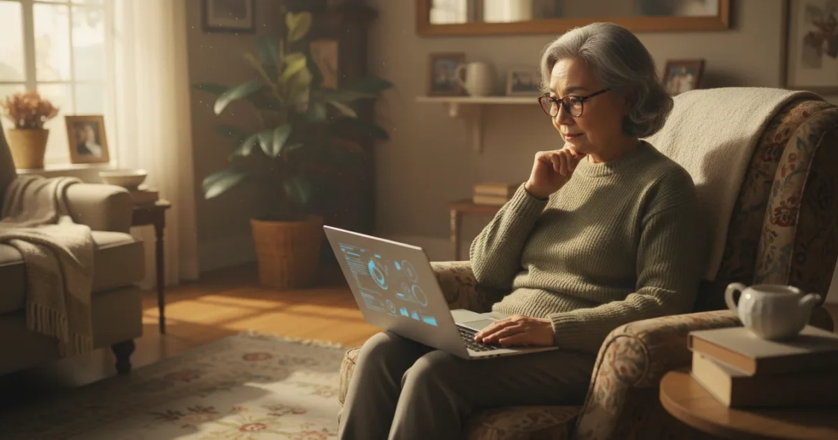 An East Asian senior woman sits in her living room, looking confidently at a laptop screen, conveying digital understanding and security.