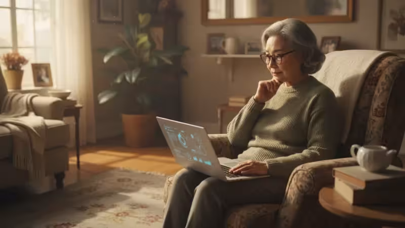An East Asian senior woman sits in her living room, looking confidently at a laptop screen, conveying digital understanding and security.