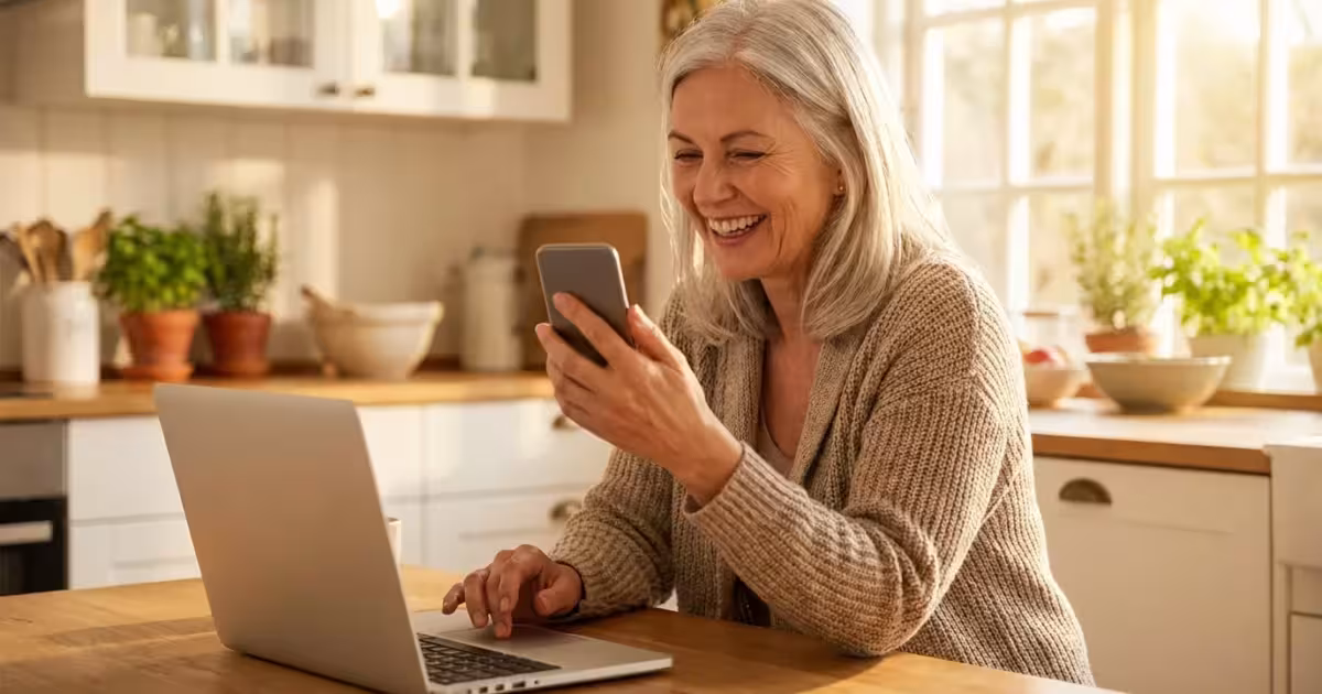 A senior woman smiling while using her smartphone and laptop at a bright kitchen table.