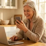A senior woman smiling while using her smartphone and laptop at a bright kitchen table.