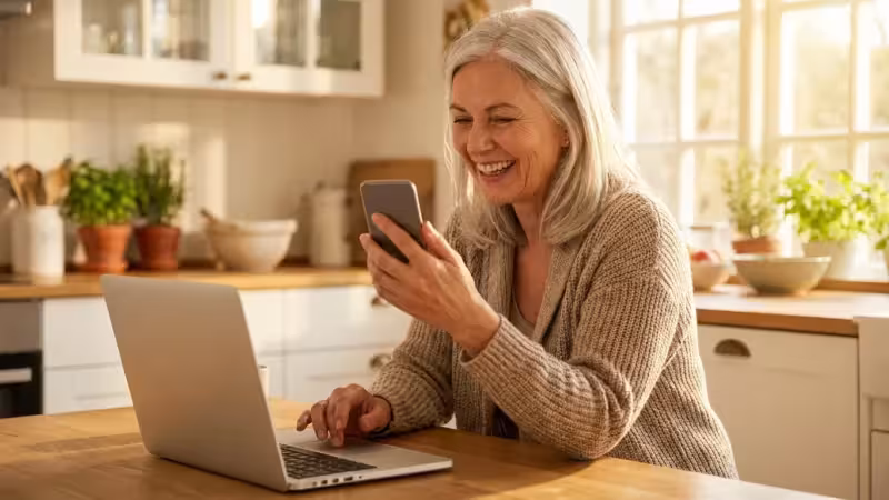A senior woman smiling while using her smartphone and laptop at a bright kitchen table.