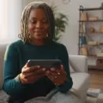 A confident African American woman, 60s, holds a smartphone in a warm, golden-lit living room, smiling softly.