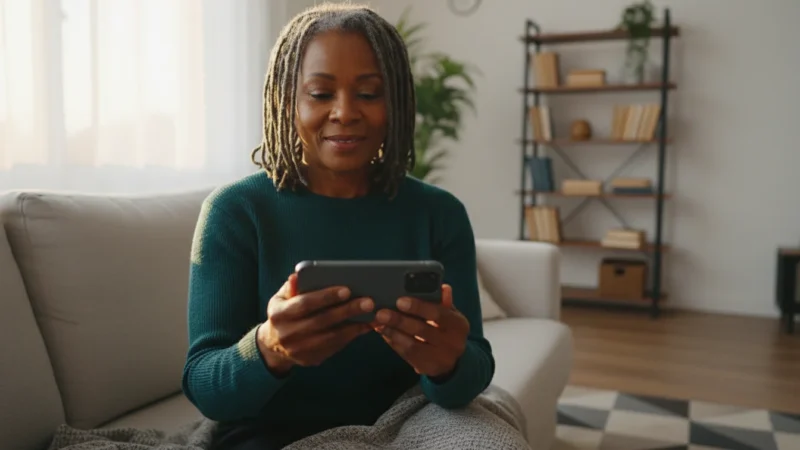 A confident African American woman, 60s, holds a smartphone in a warm, golden-lit living room, smiling softly.