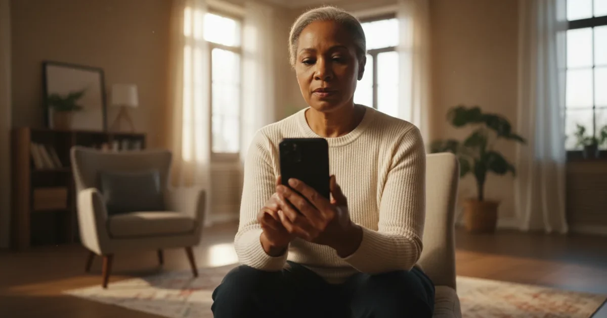 A senior African American woman, 60s, holding a smartphone with a determined expression, bathed in warm golden hour light in her living room.