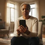 A senior African American woman, 60s, holding a smartphone with a determined expression, bathed in warm golden hour light in her living room.
