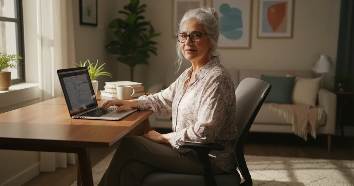 A confident Hispanic senior woman gently touches a generic laptop keyboard on a wooden desk, illuminated by warm natural light, showing thoughtful engagement.
