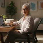 A confident Hispanic senior woman gently touches a generic laptop keyboard on a wooden desk, illuminated by warm natural light, showing thoughtful engagement.