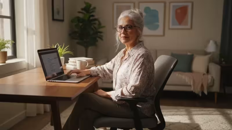 A confident Hispanic senior woman gently touches a generic laptop keyboard on a wooden desk, illuminated by warm natural light, showing thoughtful engagement.