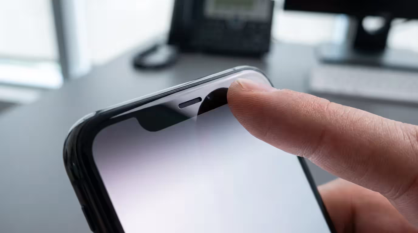 Macro photography of a finger cleaning the ambient light sensor on a smartphone screen.