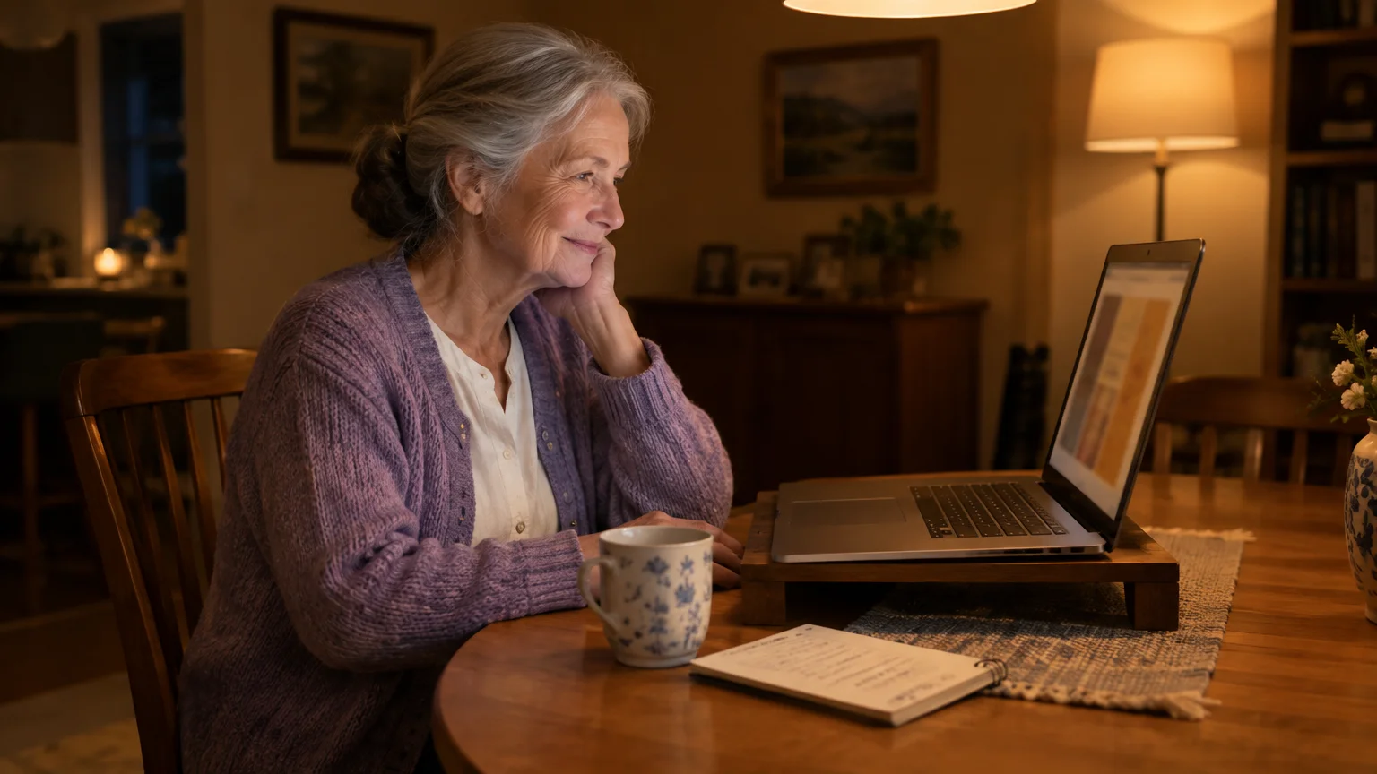 Older woman with gray hair smiling at a laptop on a wooden stand at a table, beside a mug and notebook in warm lighting.