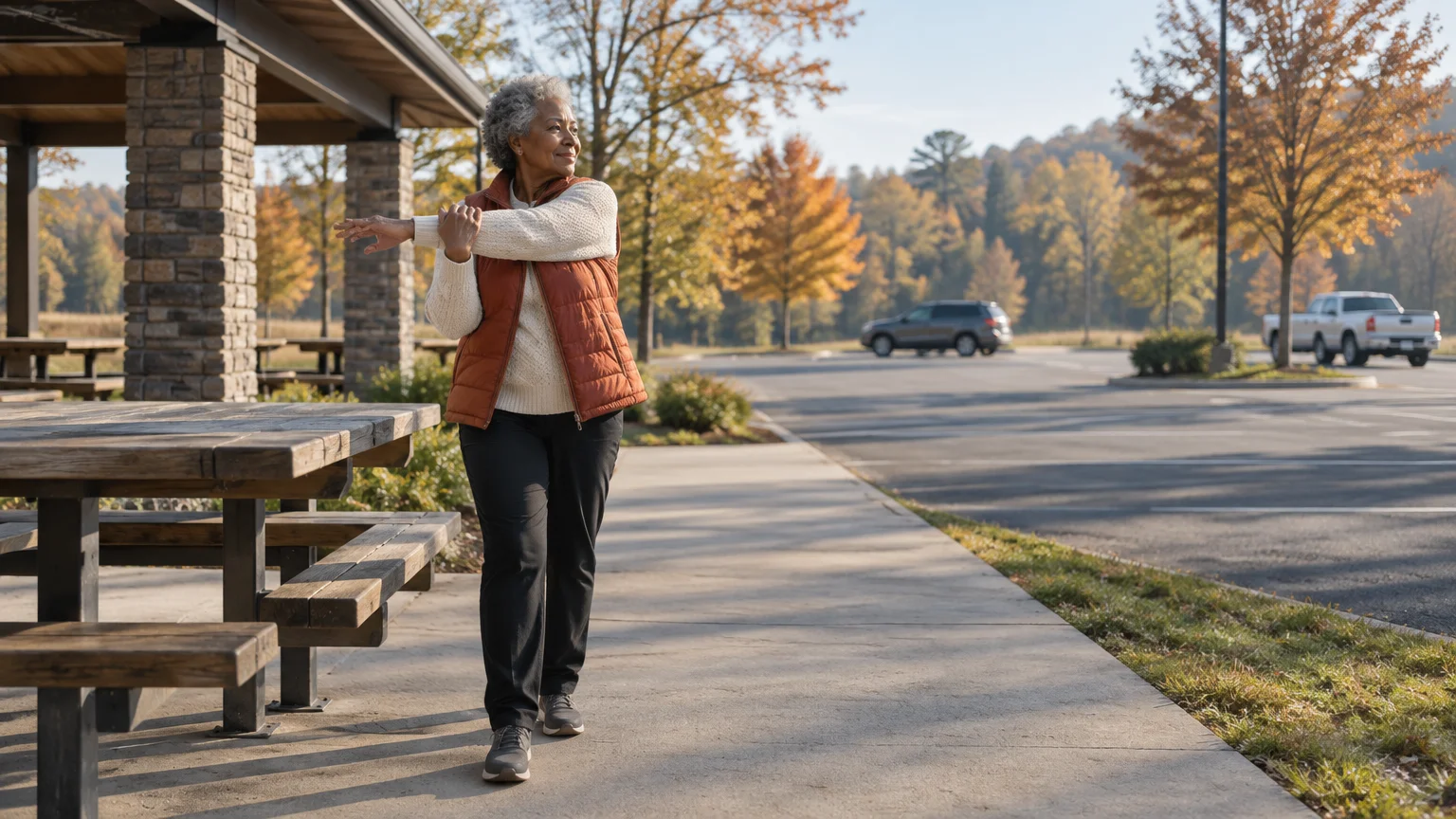 A senior woman stretches her arm beside picnic tables at an outdoor rest area parking lot with autumn trees.