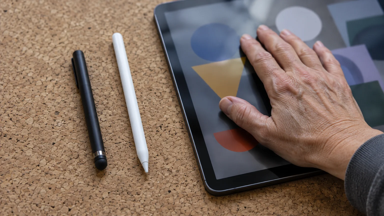 A hand rests flat on an iPad screen beside a black mesh-tip stylus and a white active stylus on cork.
