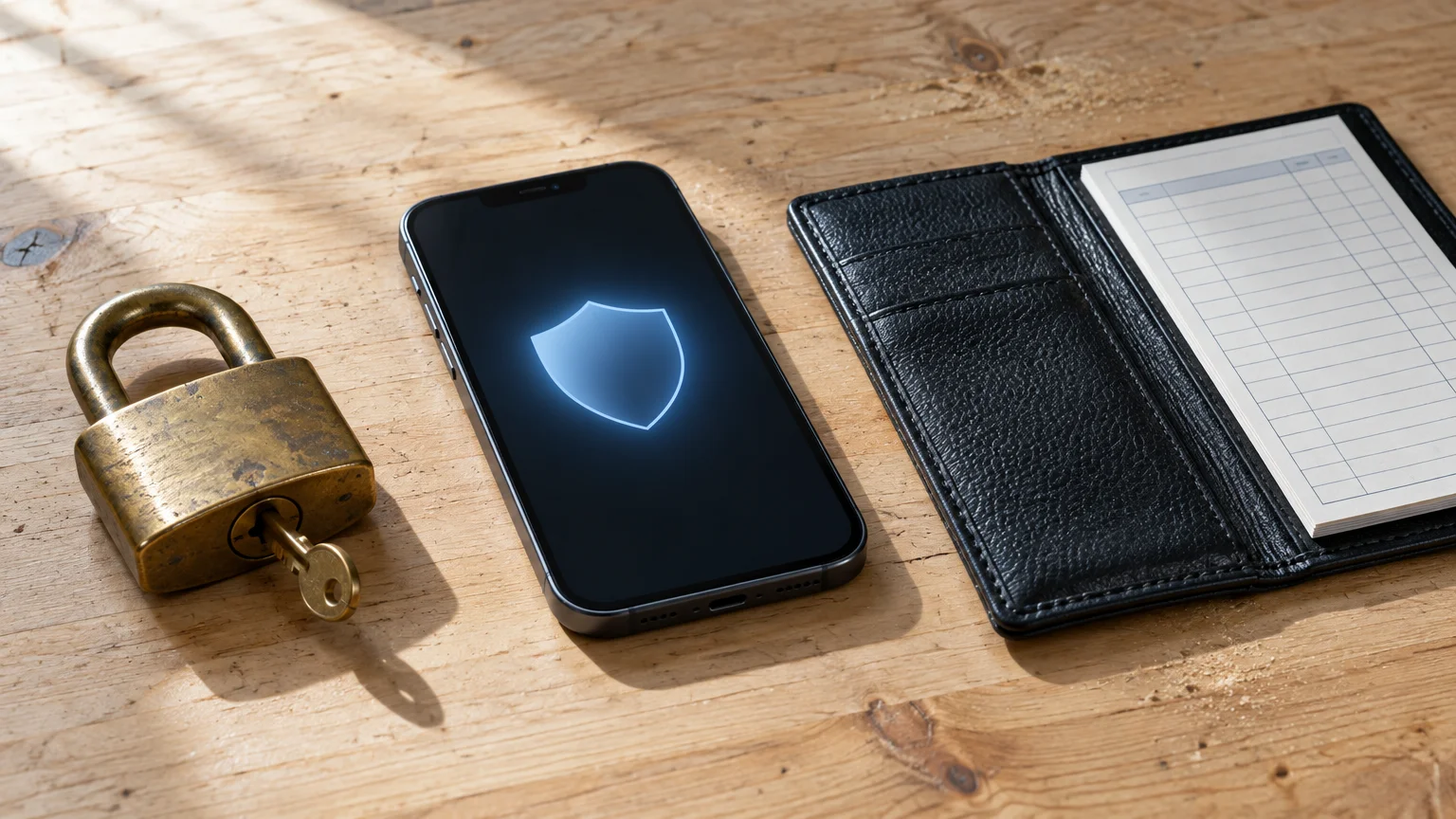 A smartphone displaying a glowing shield icon next to a brass padlock with a key and an open black leather wallet.