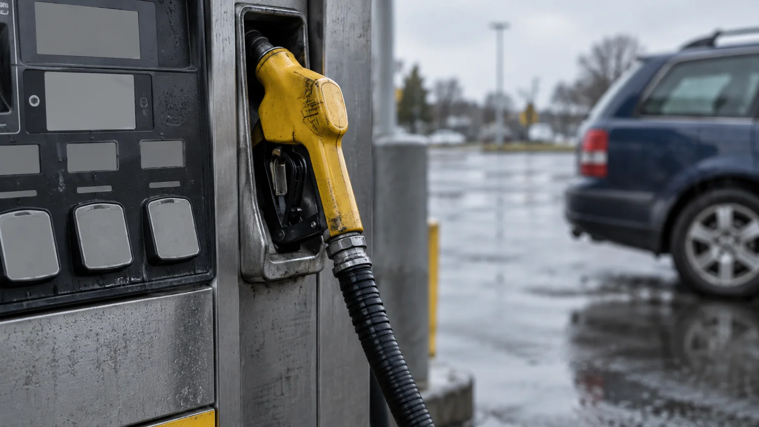 Yellow fuel nozzle resting in a gas pump holster with a blue car parked on wet asphalt in the background.