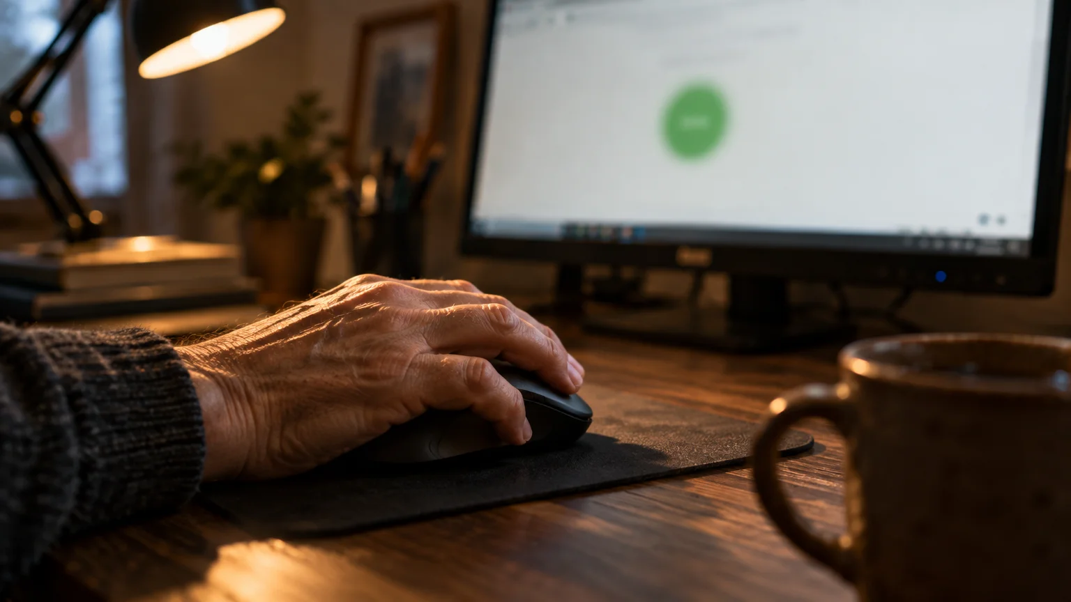 Hand resting on a computer mouse at a wooden desk in front of a glowing monitor, lamp, and coffee mug.