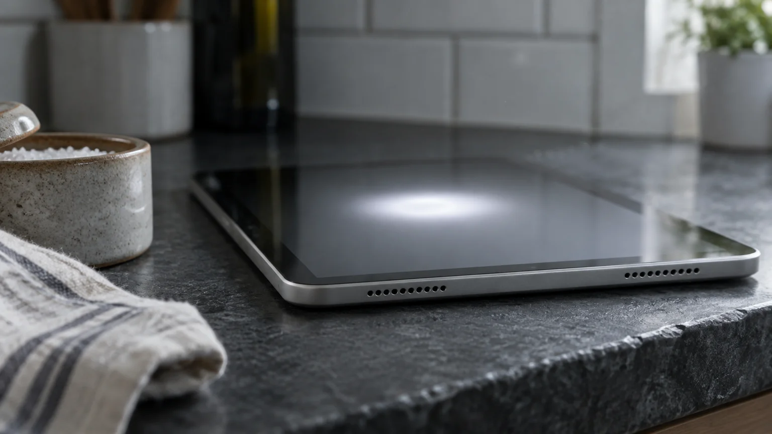 A silver tablet rests flat on a dark textured countertop near a cloth napkin and small dish in a kitchen.