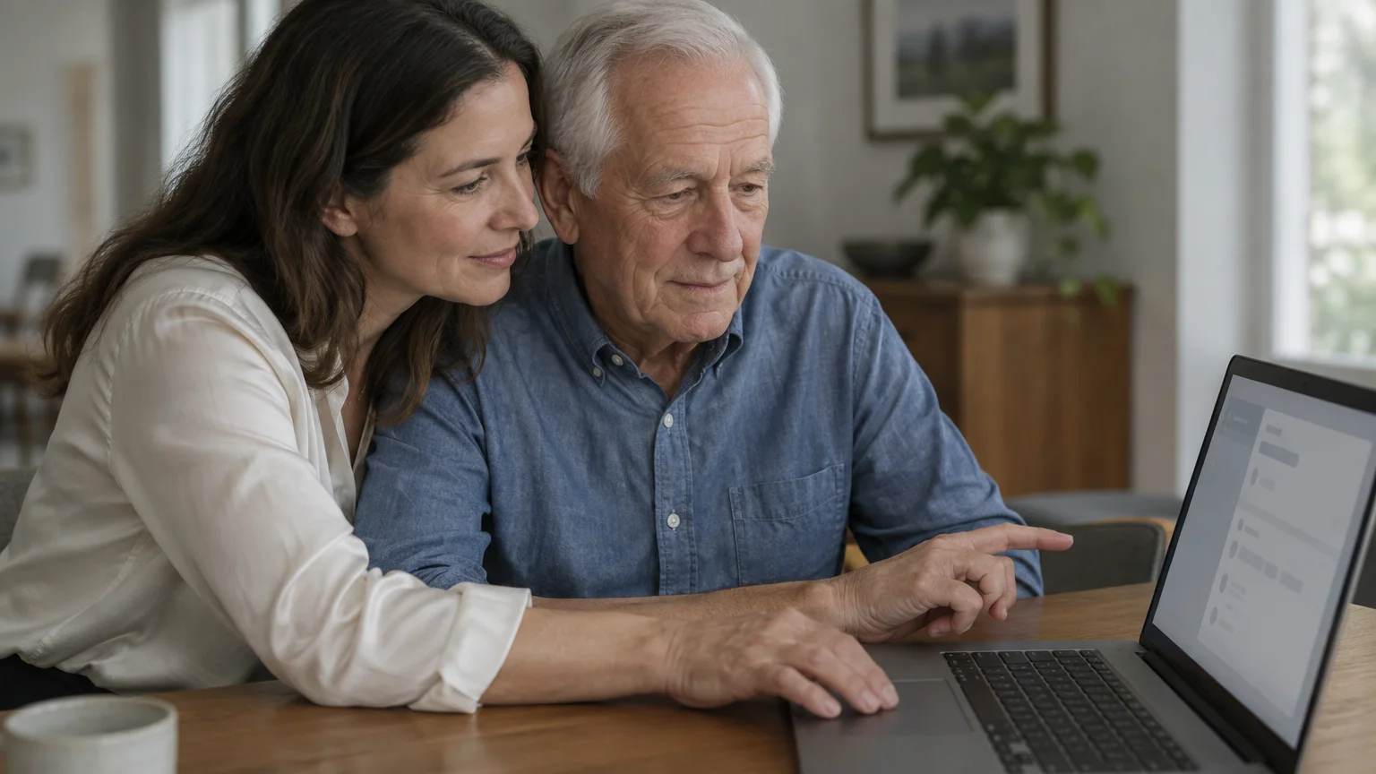 A woman and an older man sit at a wooden table looking at a laptop screen together as he points.