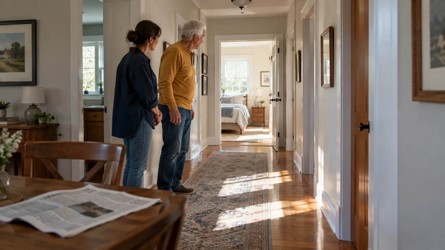 A man and woman stand in a bright hallway with wood floors and a runner rug, looking toward a bedroom.