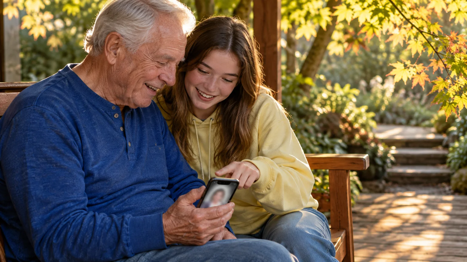An elderly man and a young woman sit on a wooden bench outdoors, looking at a smartphone displaying a contact picture.