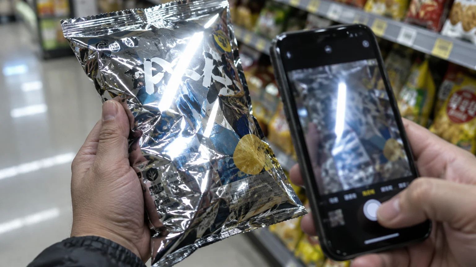 Hands holding a shiny foil snack bag while aiming a smartphone camera at the reflective package in a grocery aisle.