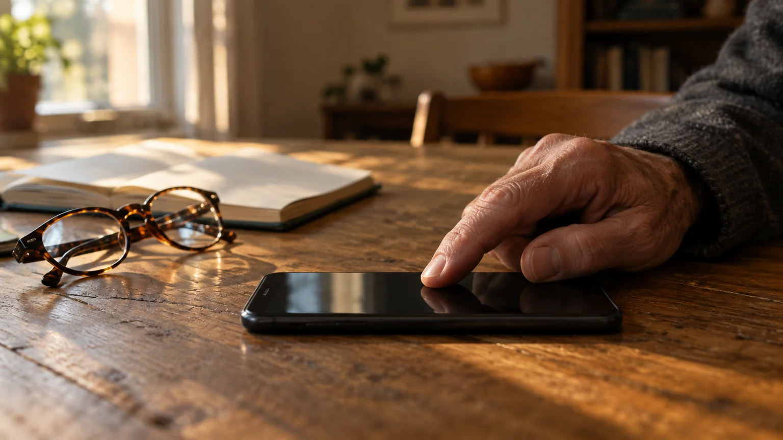 A person's hand touches a smartphone screen on a wooden table next to eyeglasses and an open book.