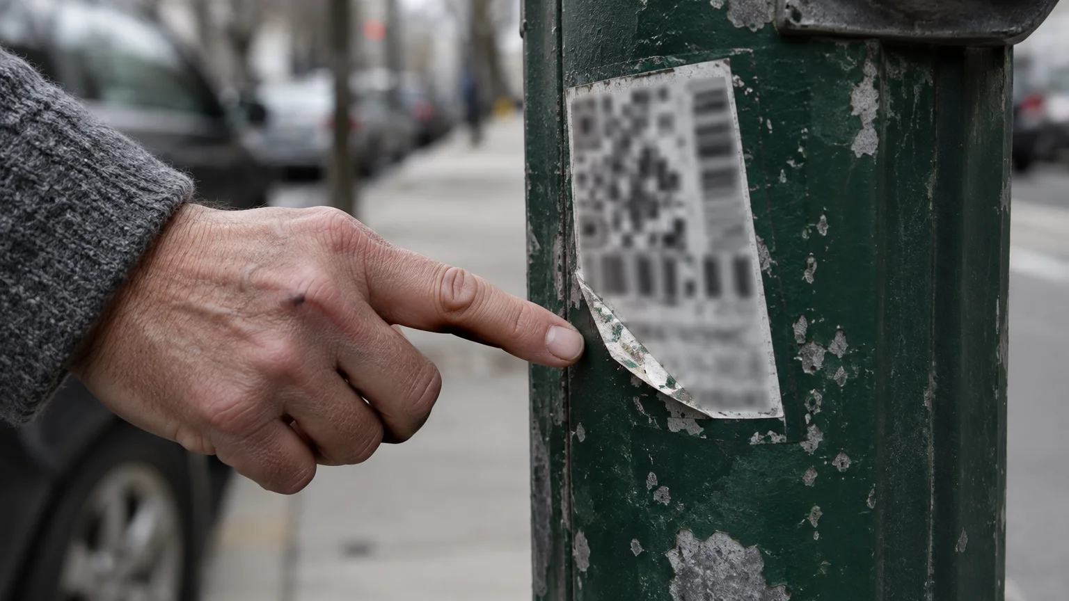 A hand points to a peeling QR code sticker attached to a weathered green metal pole along a city street.