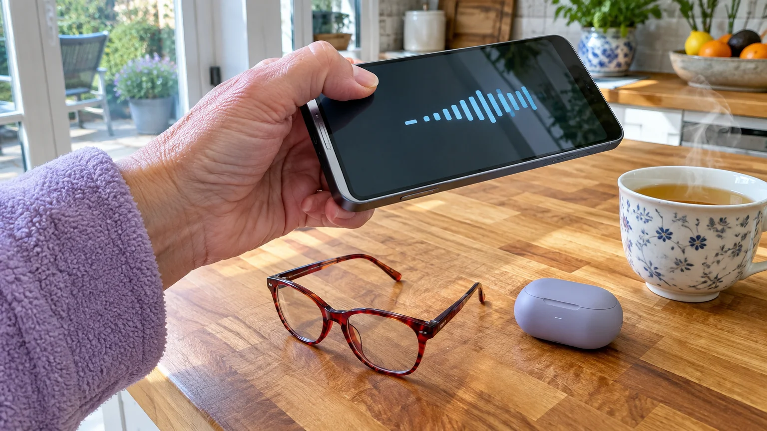 Hand holding a smartphone displaying an audio waveform, beside eyeglasses, earbuds case, and a hot mug on a wooden table.