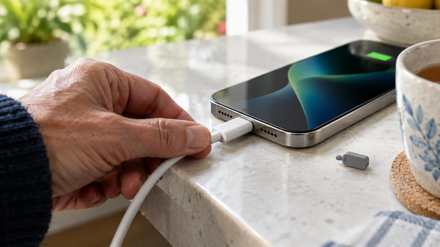 A hand plugs a white charging cable into a smartphone on a stone counter beside a small dust plug.