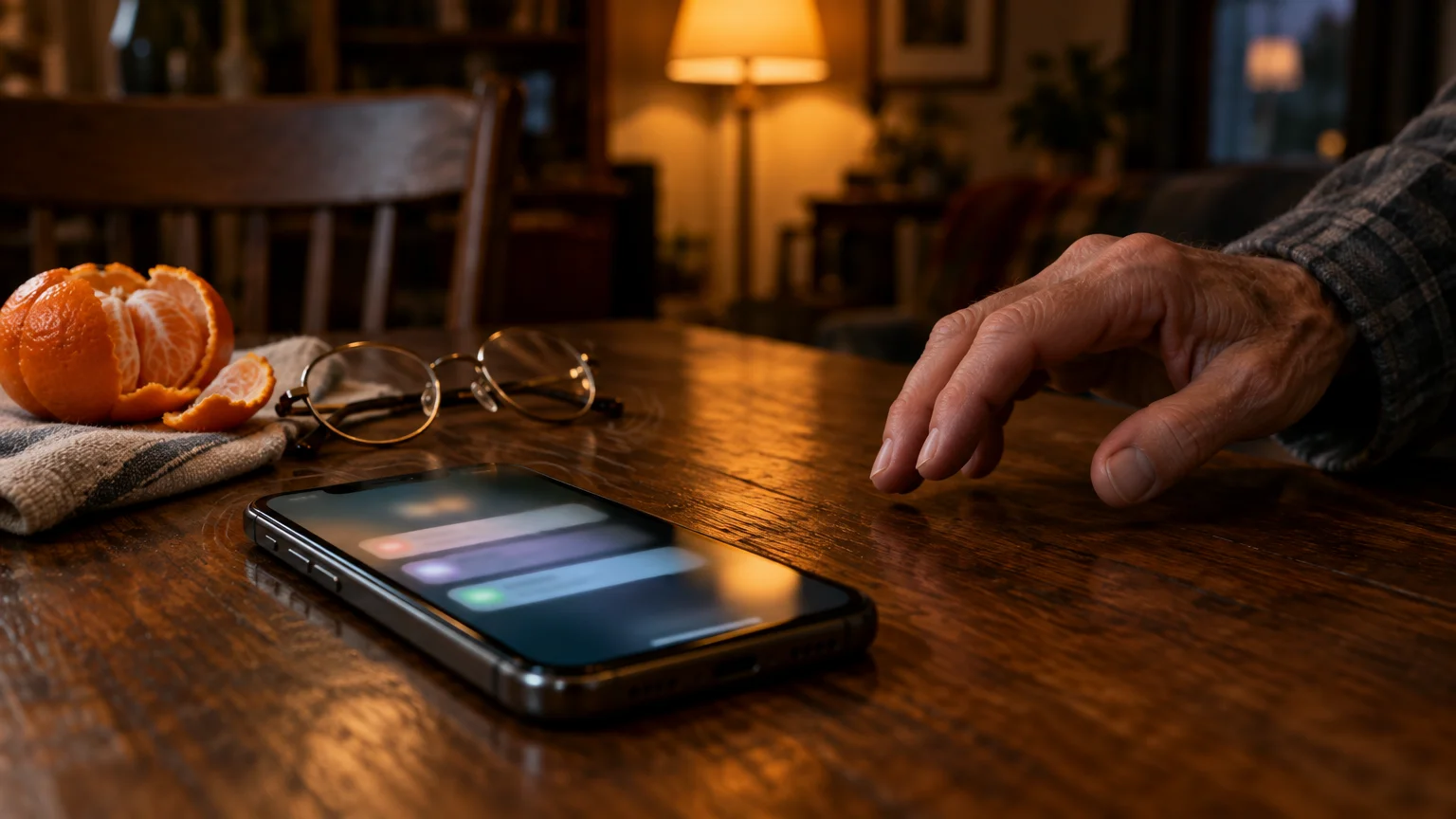 A smartphone displaying notification banners on a wooden table beside glasses, a peeled clementine, and an older person's hand.