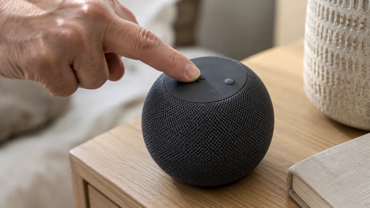 A person's finger presses the volume button on top of a spherical, dark gray smart speaker on a wooden nightstand.
