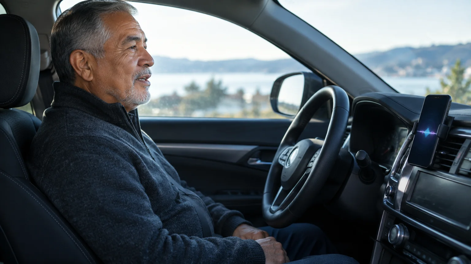 Senior man sitting in a car driver's seat next to a mounted smartphone displaying an active voice assistant wave.