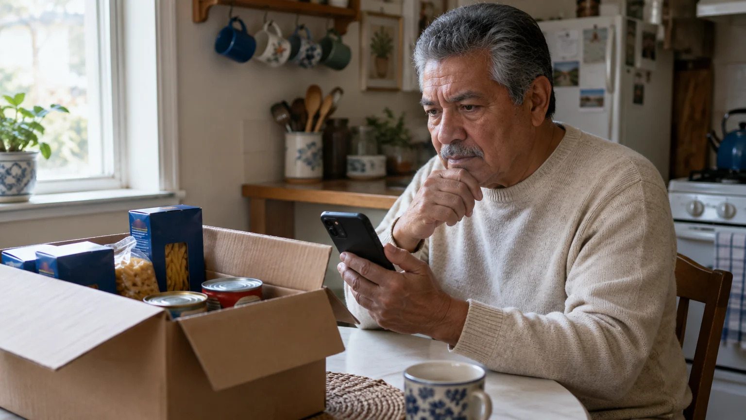 A senior man sits at a kitchen table looking thoughtfully at his smartphone next to an open cardboard box of groceries.