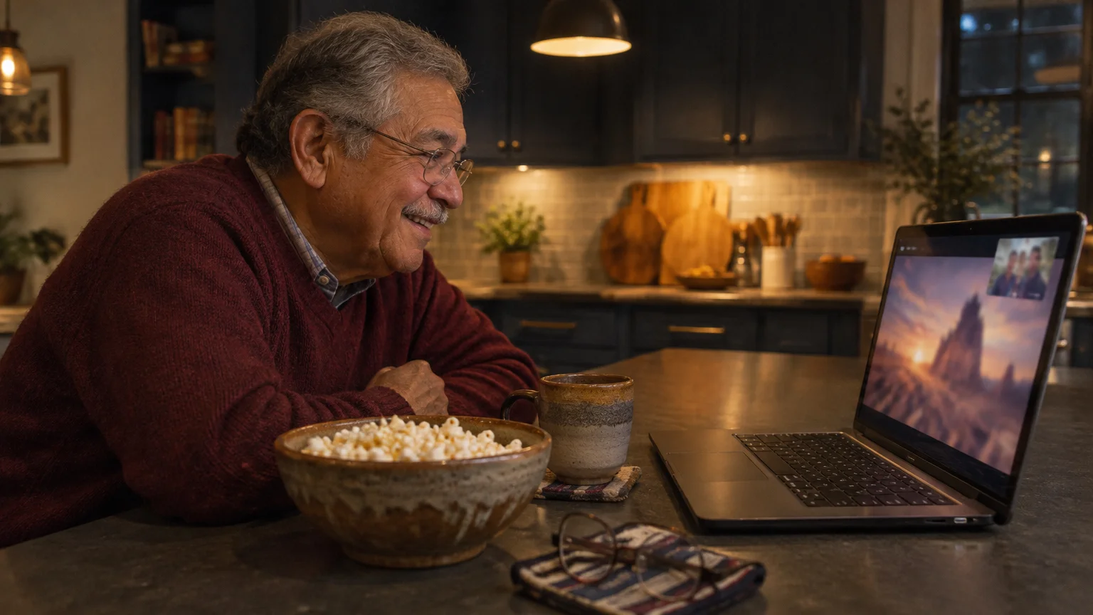 Senior man smiling at a laptop screen on a kitchen counter with a bowl of popcorn and a warm mug.