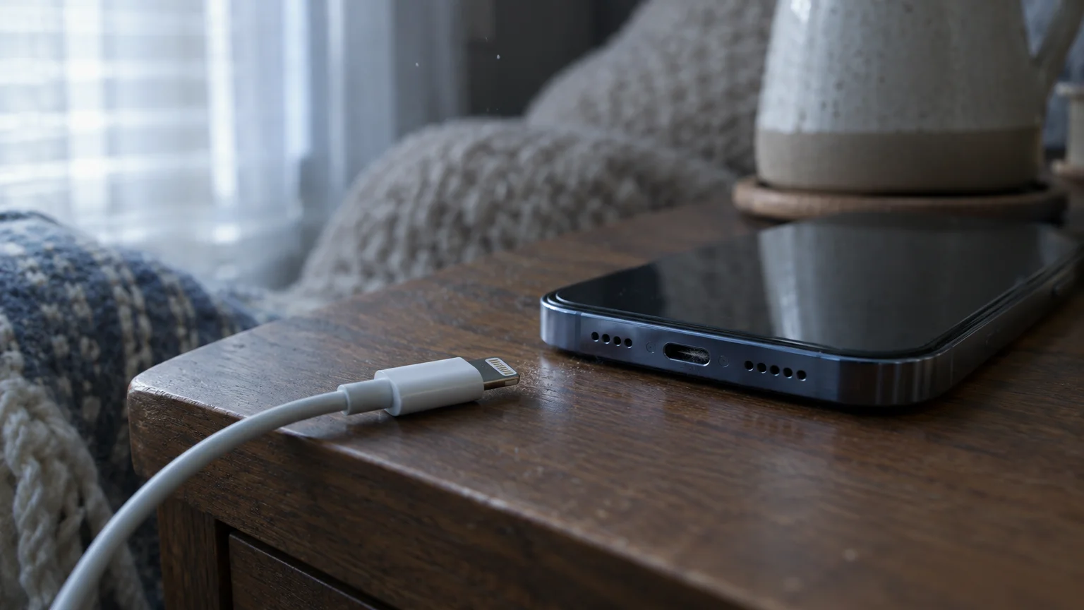A smartphone resting on a wooden table beside a white charging cable, showing dust inside the bottom charging port.