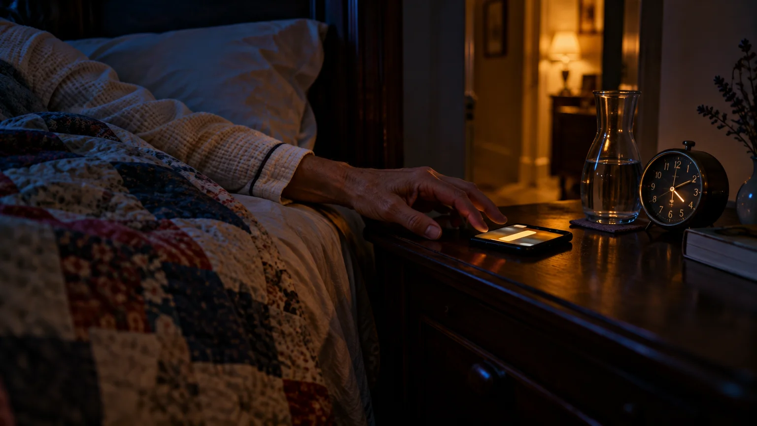 Person in bed reaching out to touch an illuminated smartphone resting on a wooden nightstand beside an alarm clock.