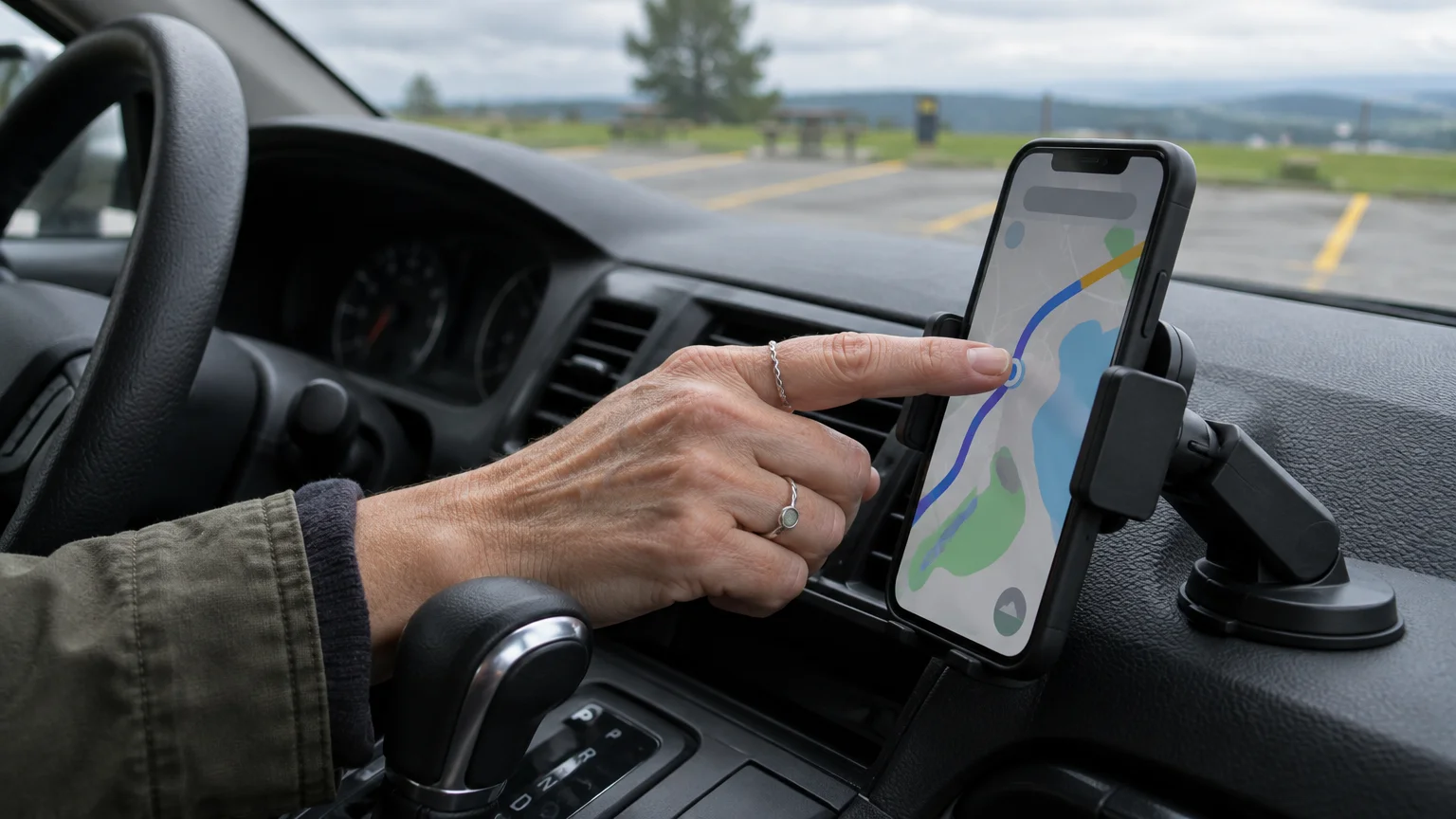 Person touching a smartphone mounted on a car dashboard showing a navigation map in a parking lot.