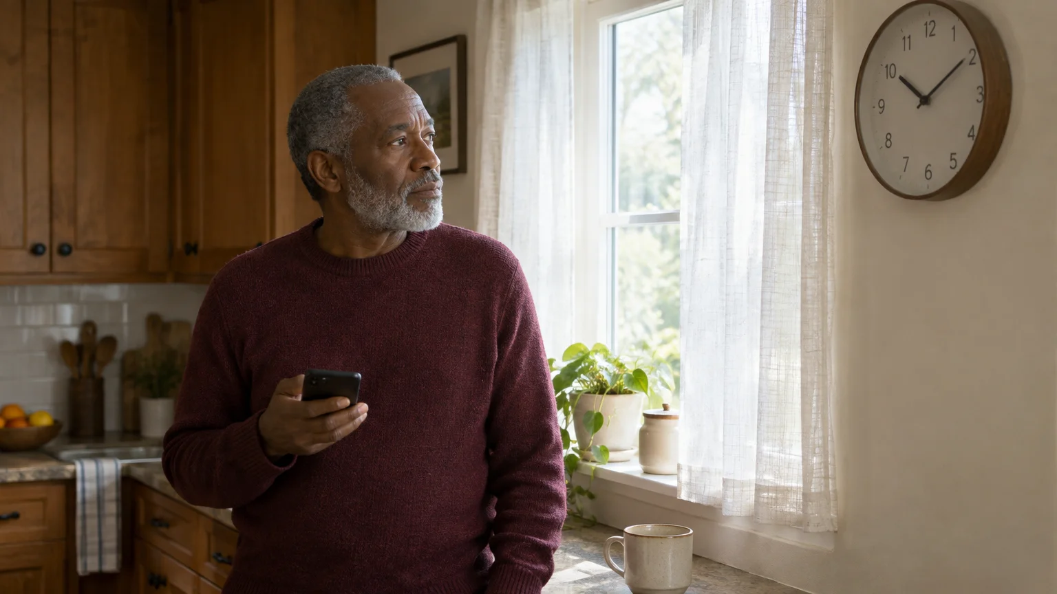 Older man in a burgundy sweater holding a smartphone in a kitchen near a window and wall clock.
