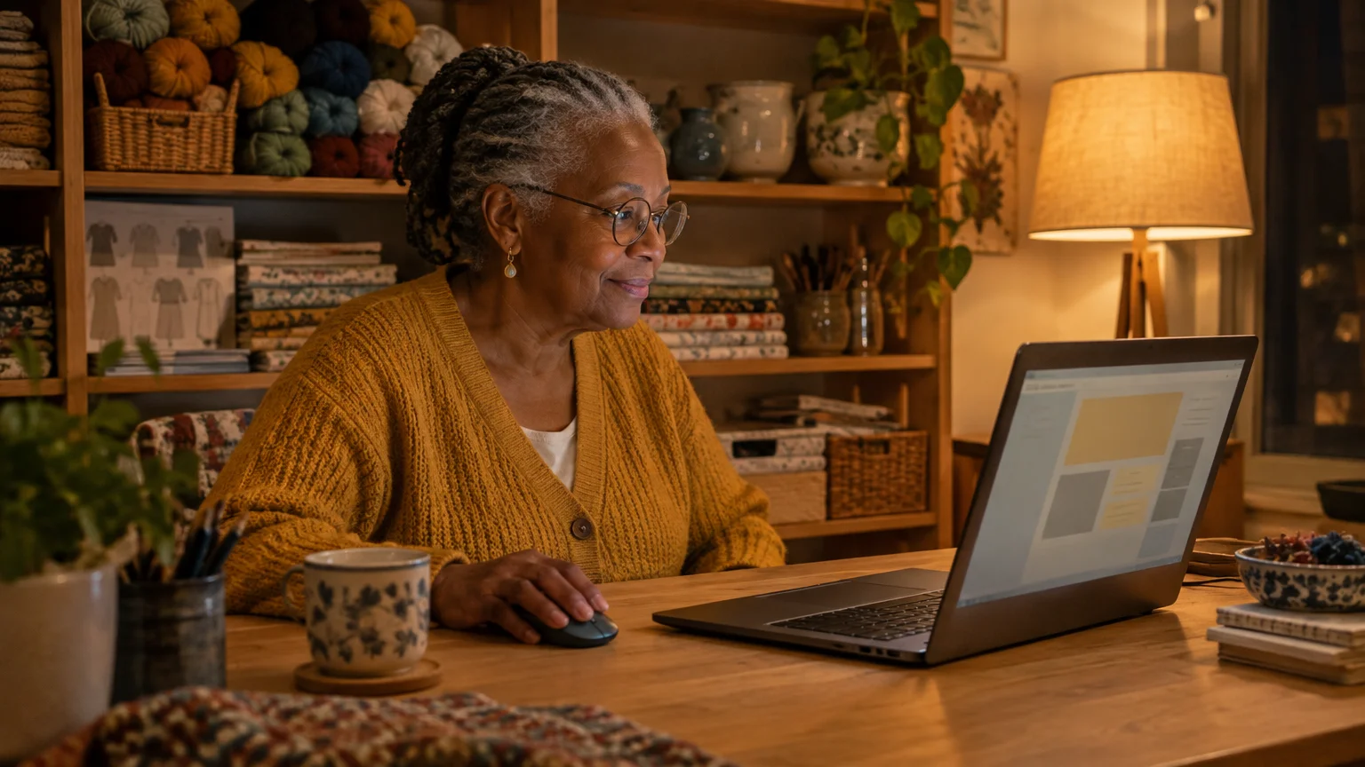An older woman with glasses uses a mouse while looking at a laptop screen in a warmly lit craft room.