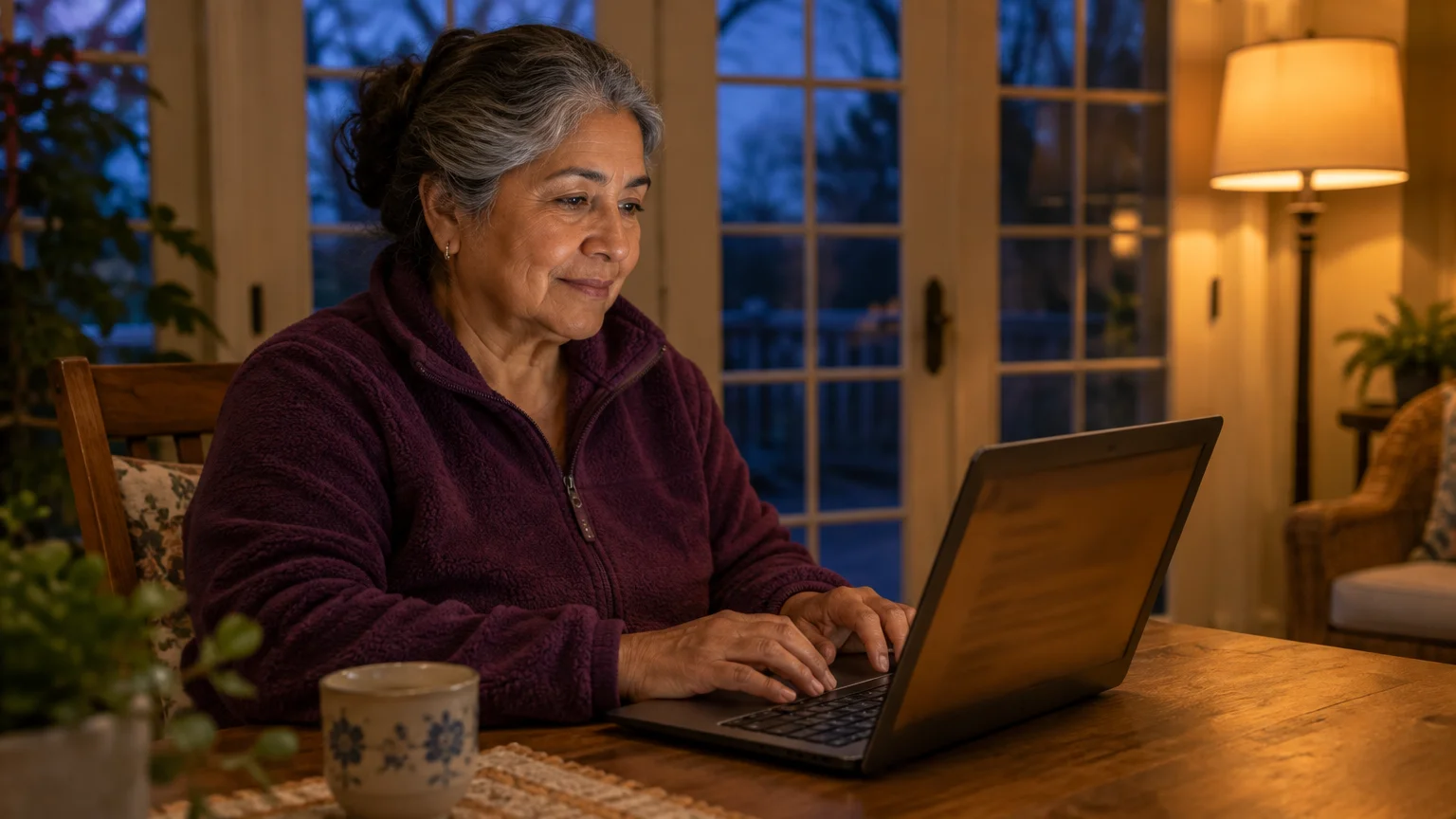 A smiling woman with gray hair in a purple fleece sits at a wooden table typing on a laptop in an evening room.