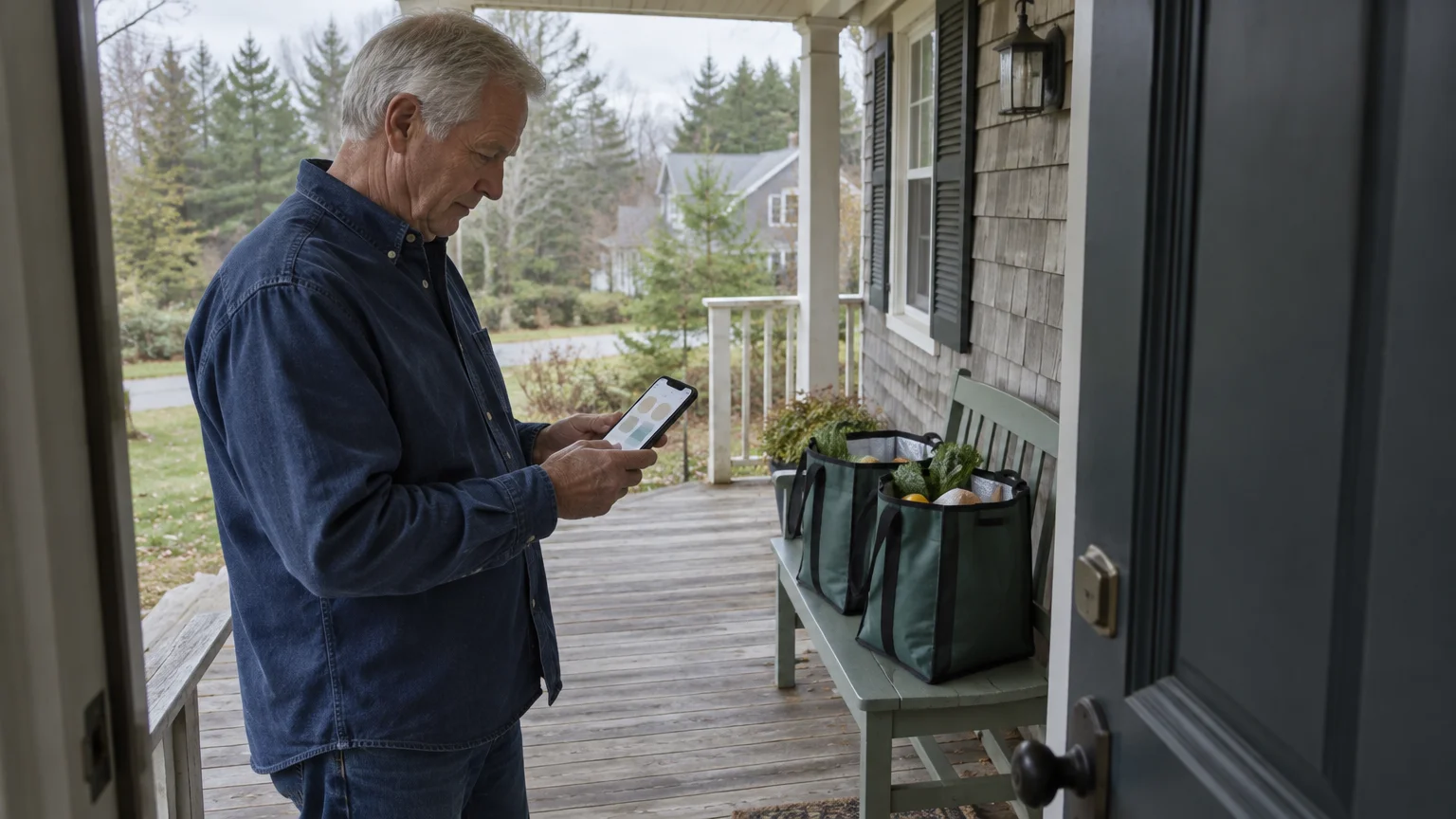 A senior man checks his phone on a front porch next to green grocery bags resting on a wooden bench.