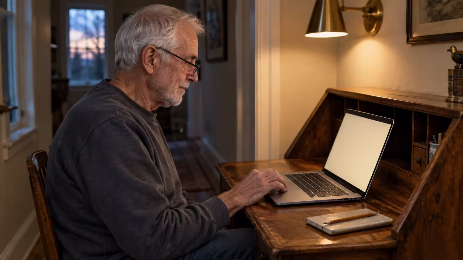 Senior man with glasses using a laptop with a blank screen at a wooden desk under warm indoor lighting.